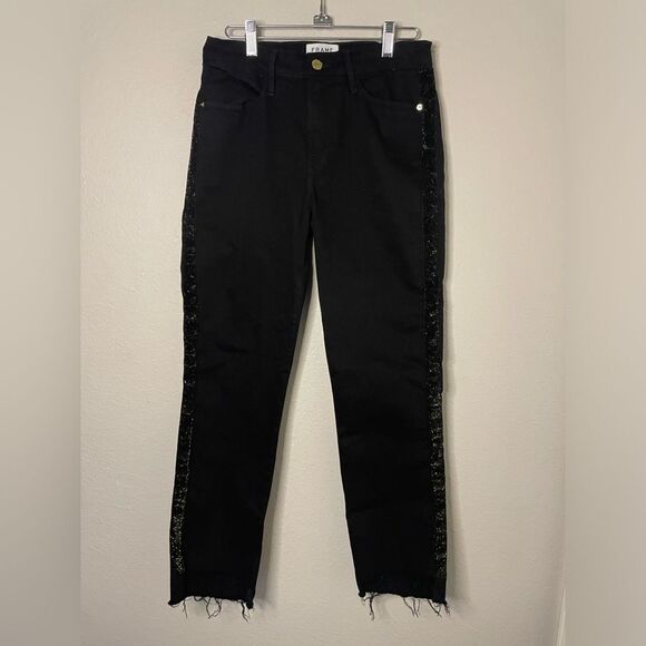 Frame Black Le High Straight Velvet Sparkle Side Stripe Step Hem Jeans Size 28 - Picture 1 of 11